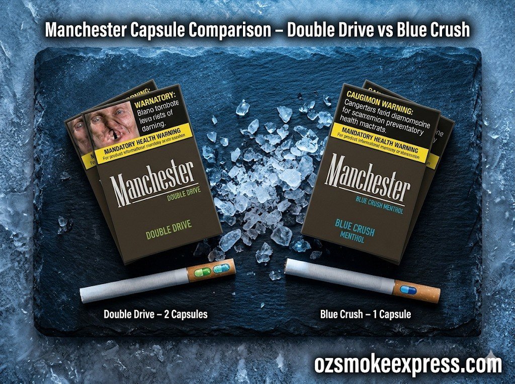 Manchester Double Drive vs Blue Crush Menthol – capsule comparison genuine imports Oz Smoke Express