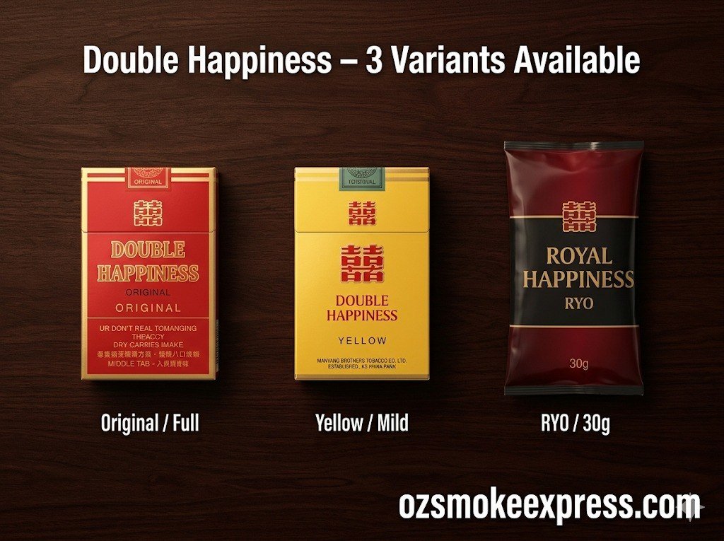 Double Happiness cigarettes Australia – Original, Yellow and Royal Happiness RYO 3 variants